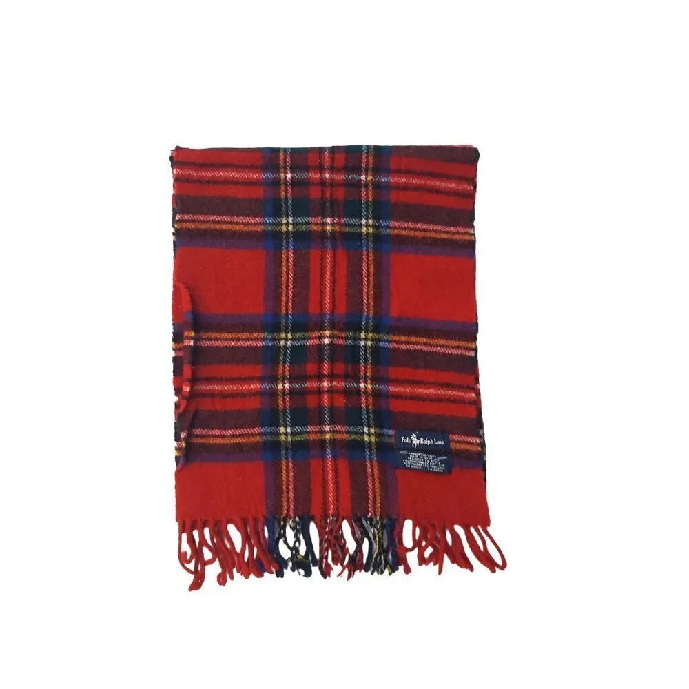 POLO Ralph Lauren 80s Vintage Red Blue Plaid Scarf Embroidered Polo Logo Scarves